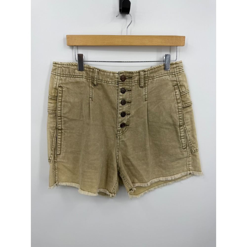 Easel High Rise Utility Shorts Womens Large Khaki Tan Button Fly Raw Hem EB40904